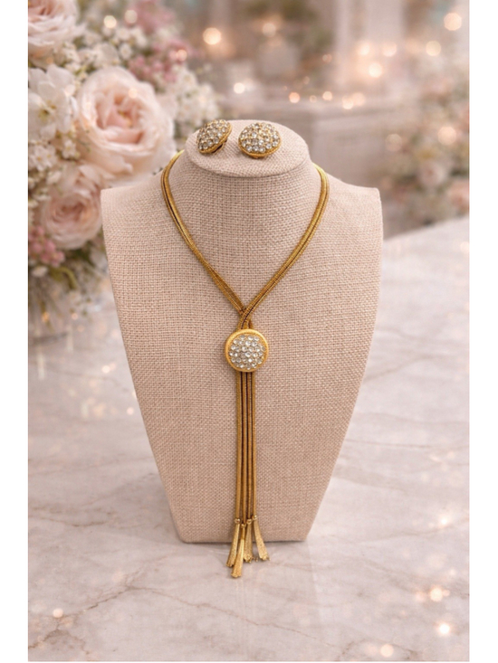Unbranded Jewelry - Vintage Gold Tone Rhinestone Lariat Necklace Earring Set Unsigned Tassel